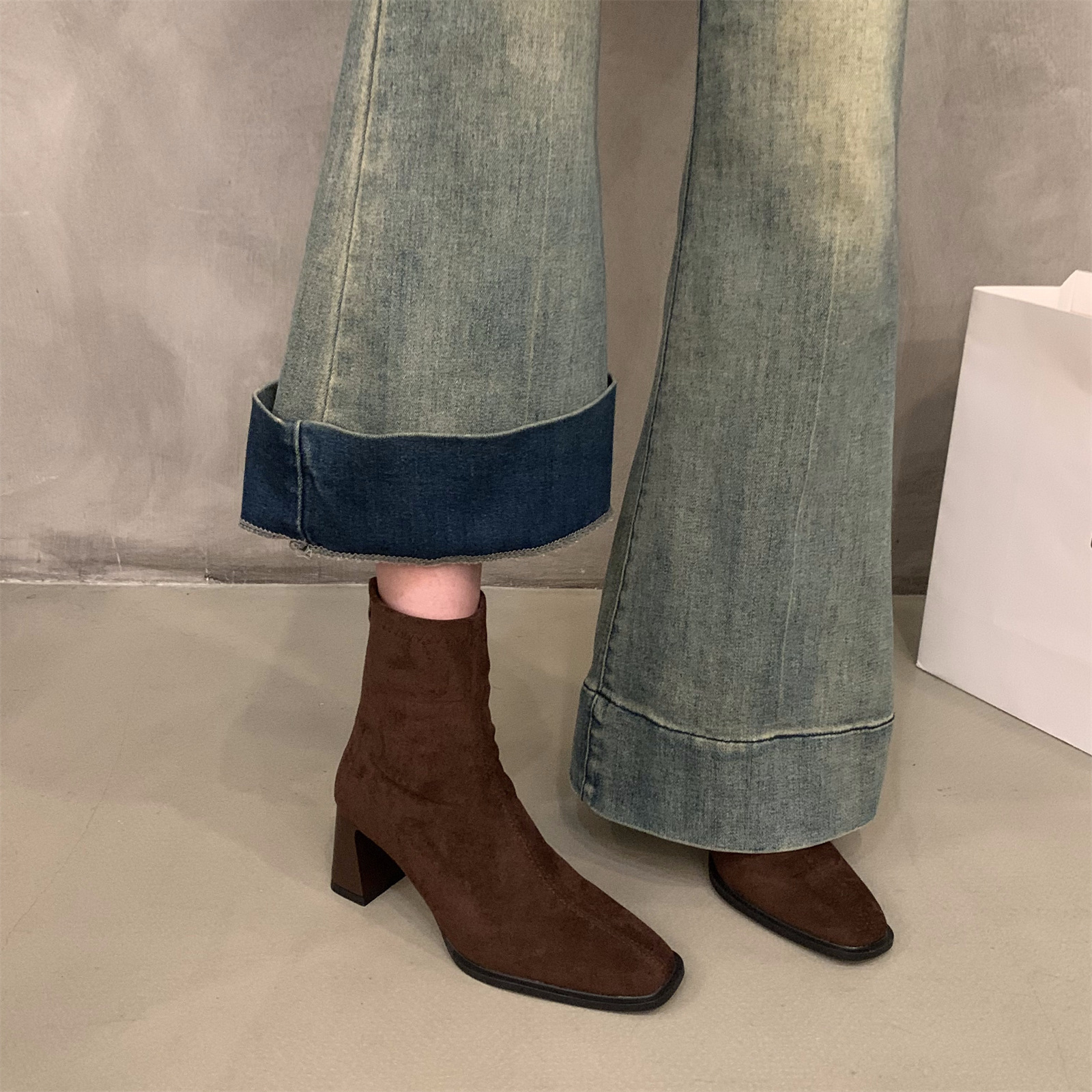 Women Boots High Heel Korean Version Simple Design Square Toe Fashion Shoes Free shipping