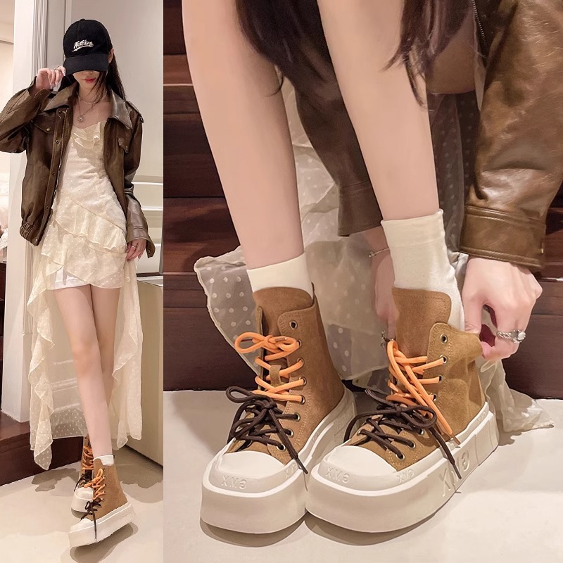2024 Korean High Top Canvas Shoes Women's Thick Soled Height-Boosting Sneakers f411