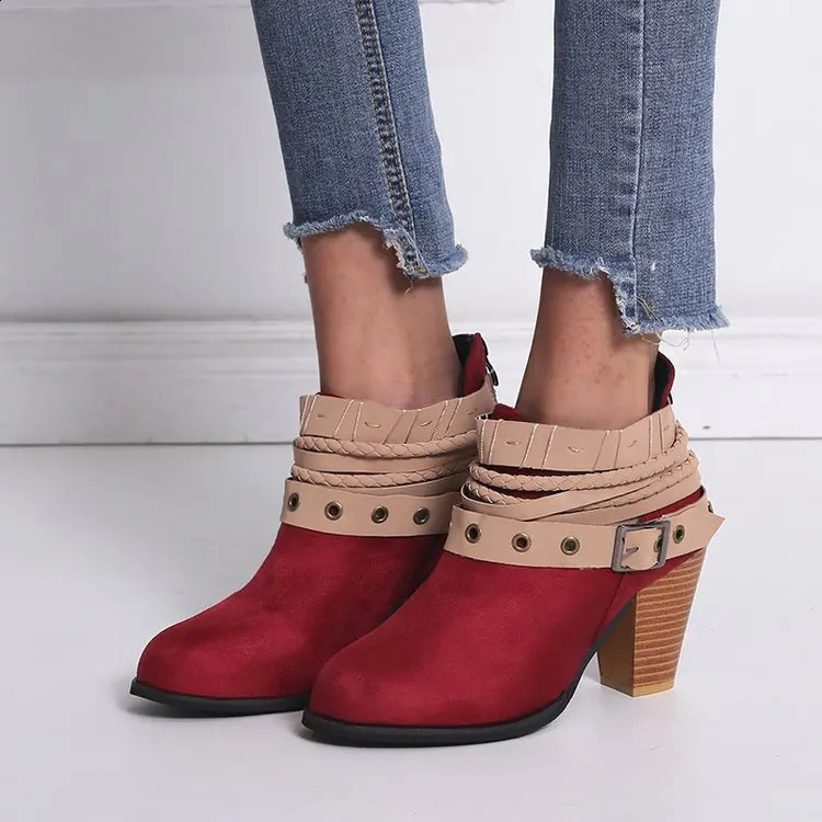 UH8 Womens Boots Fashion Casual Womens Shoe Buckle Fashion Boots Suede Leather Buckle Boots High Heels Zipper Snow Shoes 240914