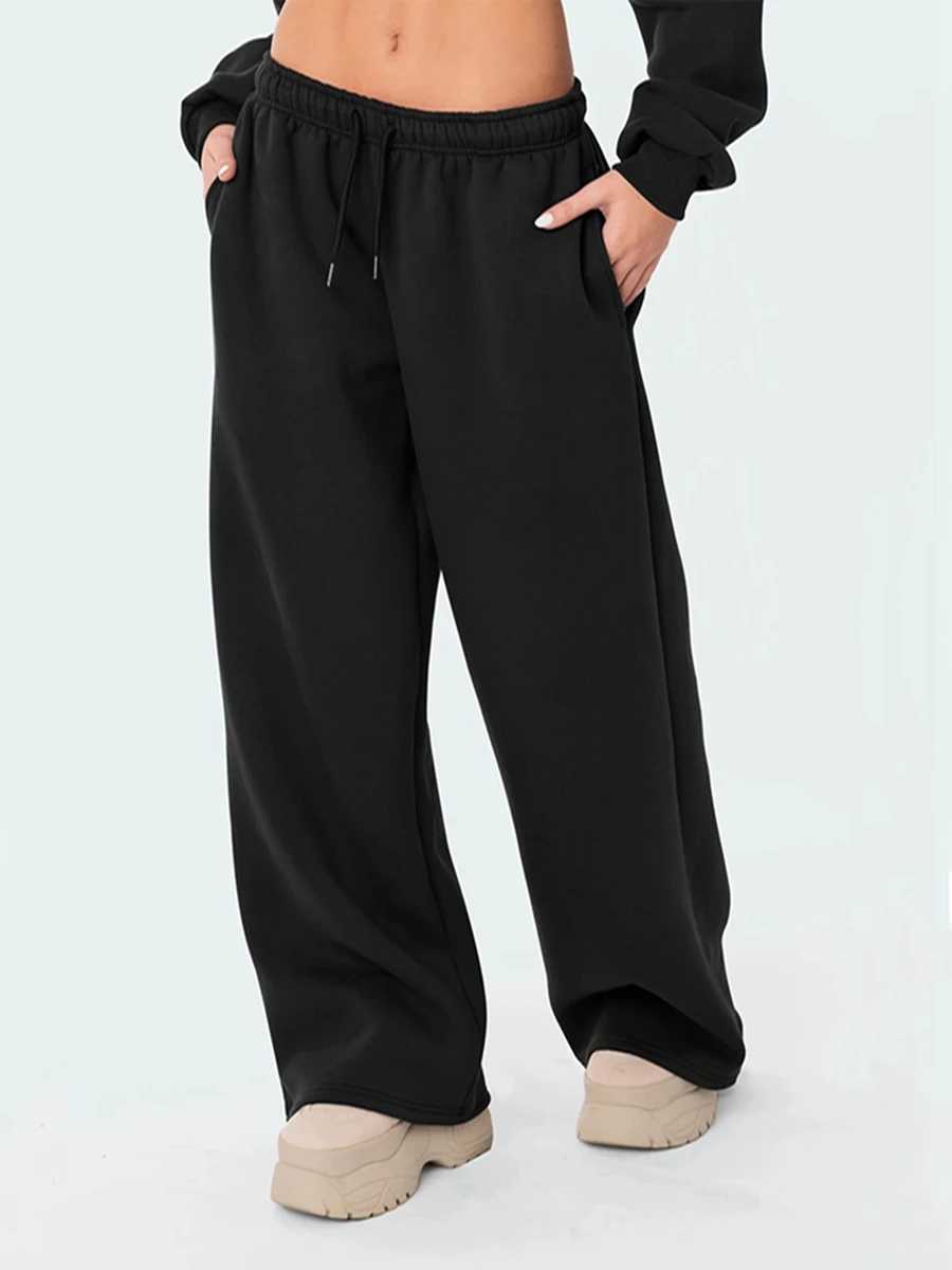 Women s Casual Joggers Loose Wide Leg Pants High Waist Drawstring Sweatpants Solid Color Running Trousers Baggy Lounge Yoga M240918
