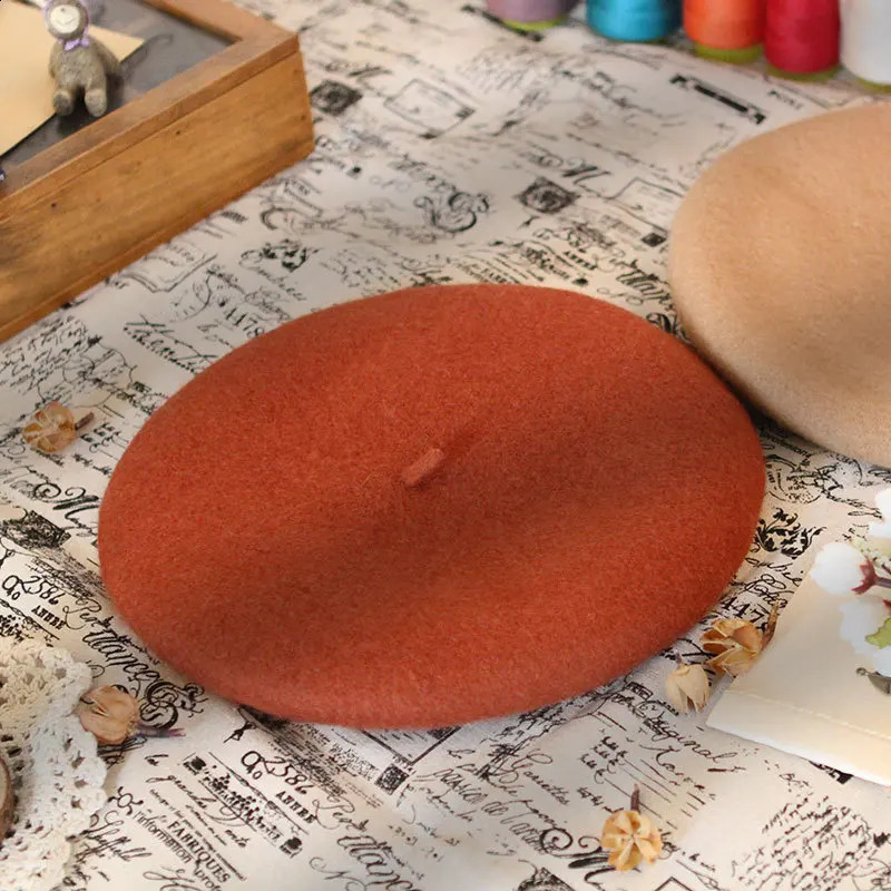100% wool beret winter womens round artist French beret pumpkin solid thick warm headband 240914