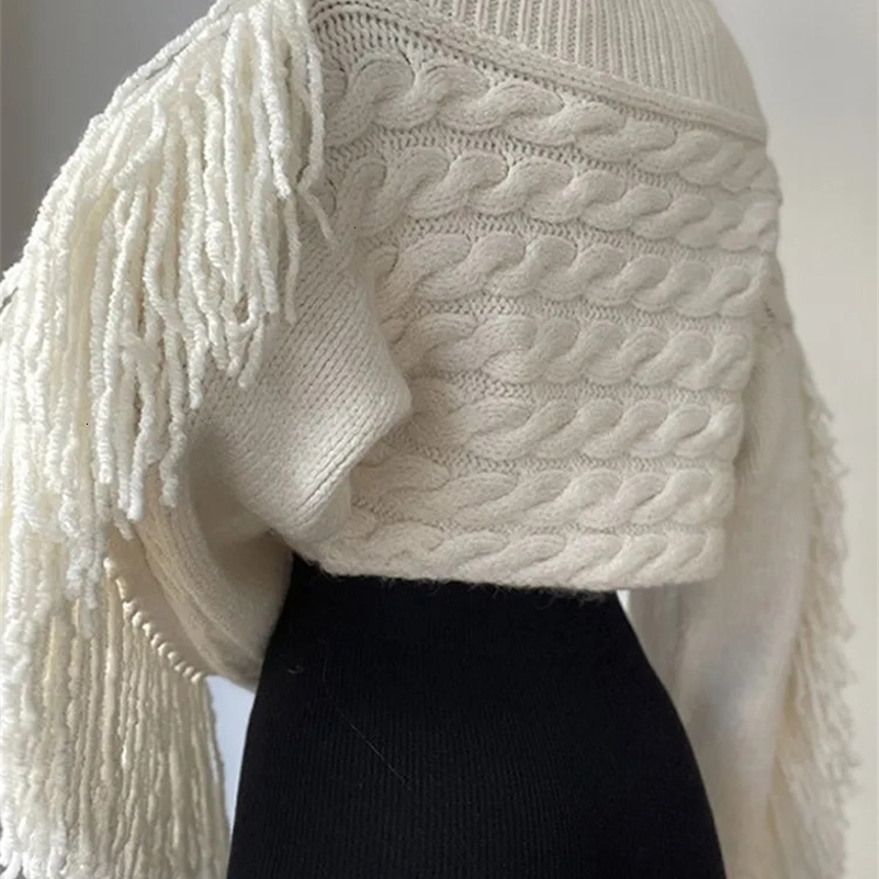 Tassels Solid Women Sweater Off Shoulder Knitted Female Pullover 2024 Autumn Elegant Casual Loose Long Sleeves Lady Sweaters 240911