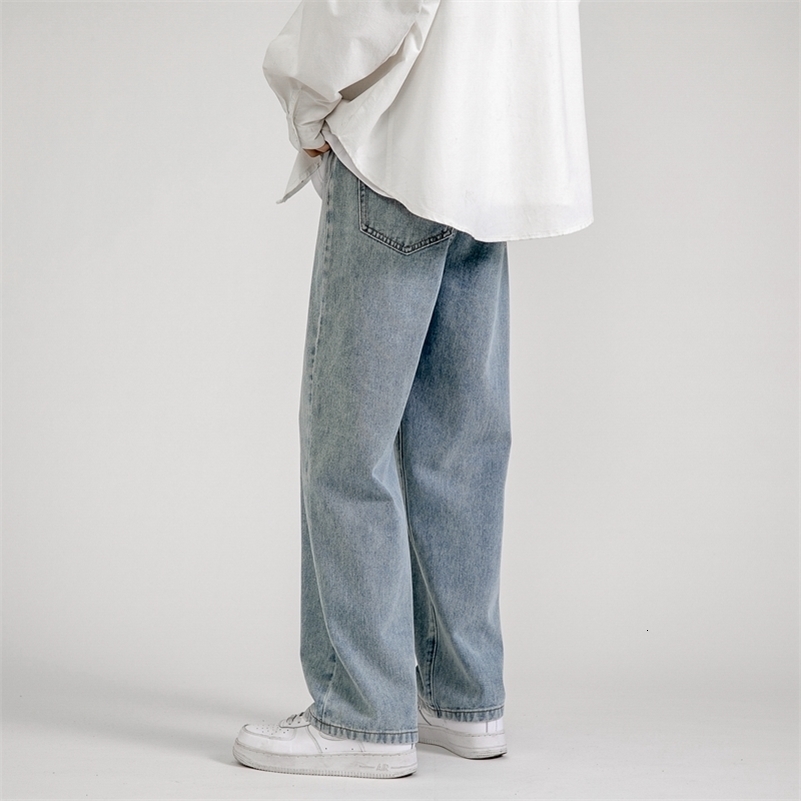 Korean Fashion Mens Baggy Jeans Classic Allmatch Solid Color Straightleg Denim Wideleg Pants Male Light Blue Grey Black y240912