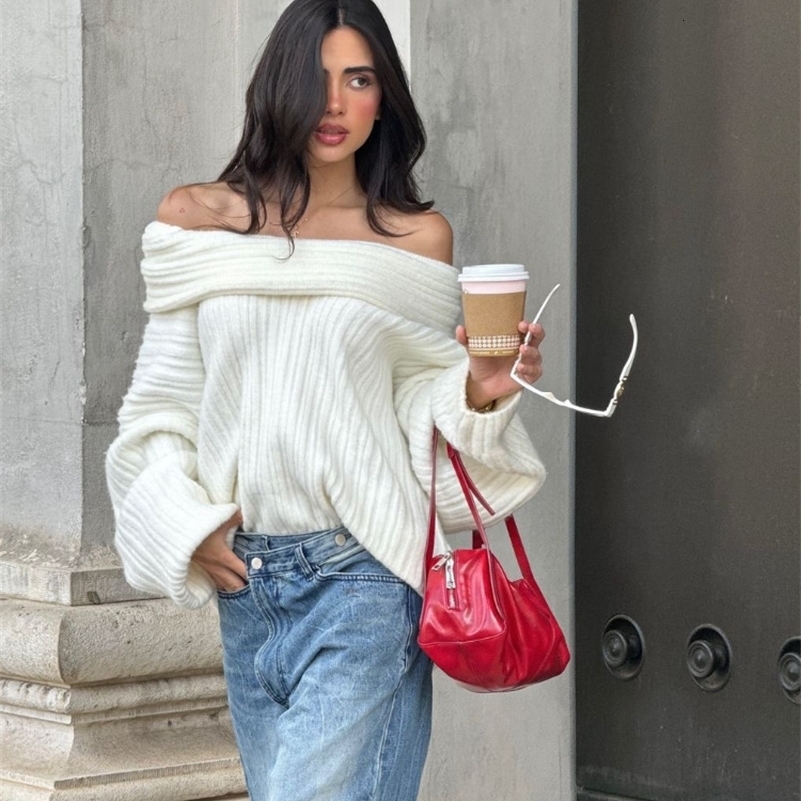 2024 Women Fashion Off Shoulder Solid Pullover Extended Elongated Sleeves Ultra Soft lady Knitted Sweater Chic Autumn Streetwear 240911