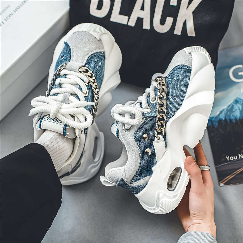 Fashion Blue Denim Casual Original Designer Platform Shoes Men Increase Heel Hip Hop Chunky Sneakers Mens Trainers