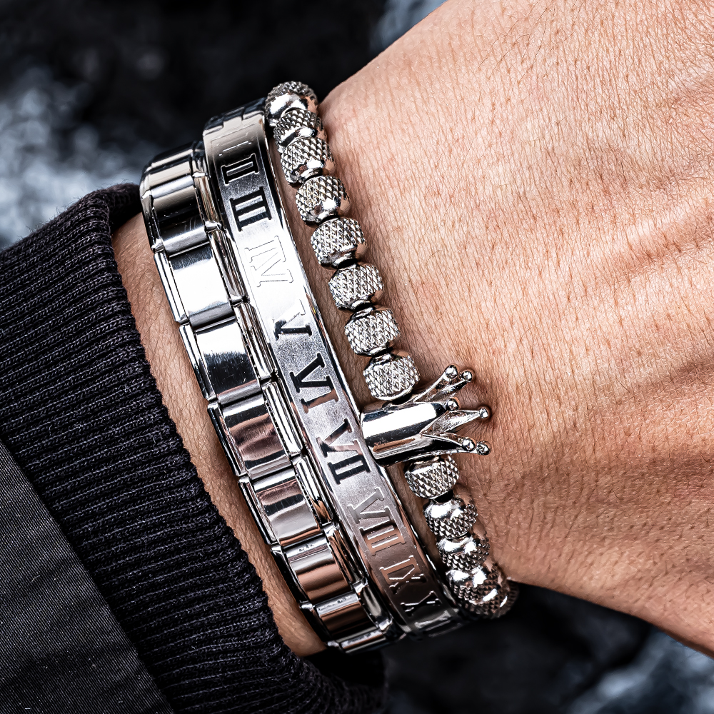 3pcs/set Men Bracelets Luxury Enamel Roman Bracelet Royal Crown Charm Men Stainless Steel Geometry Pulseiras Open Adjustable Bracelets Couple Jewelry
