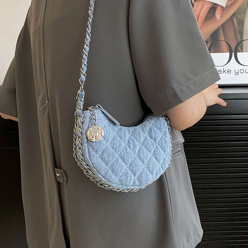 Designer Denim Brand Plaid Quilted Women's Shoulder Casual Chains Half Moon Crossbody Bag Ladies Handbag 2024 Trend Clutch 5077