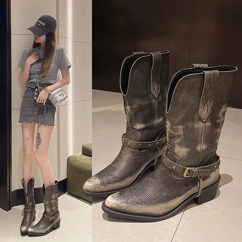 Retro Low Heel Womens Boots 2024 Trend Warm Motorcycle Boots Mixed Colors Western Cowboy Boots Belt Buckle Autumn/Winter 240914