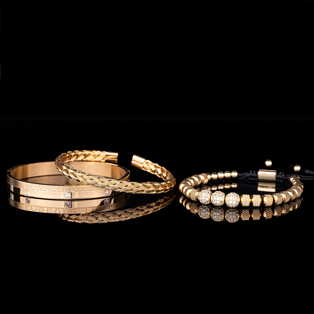 3pcs/set Men Bracelets Luxury Micro Pave CZ Round Beads Royal Charm Men Link Bracelets Stainless Steel Crystals Bangles Couple Handmade Jewelry Gift