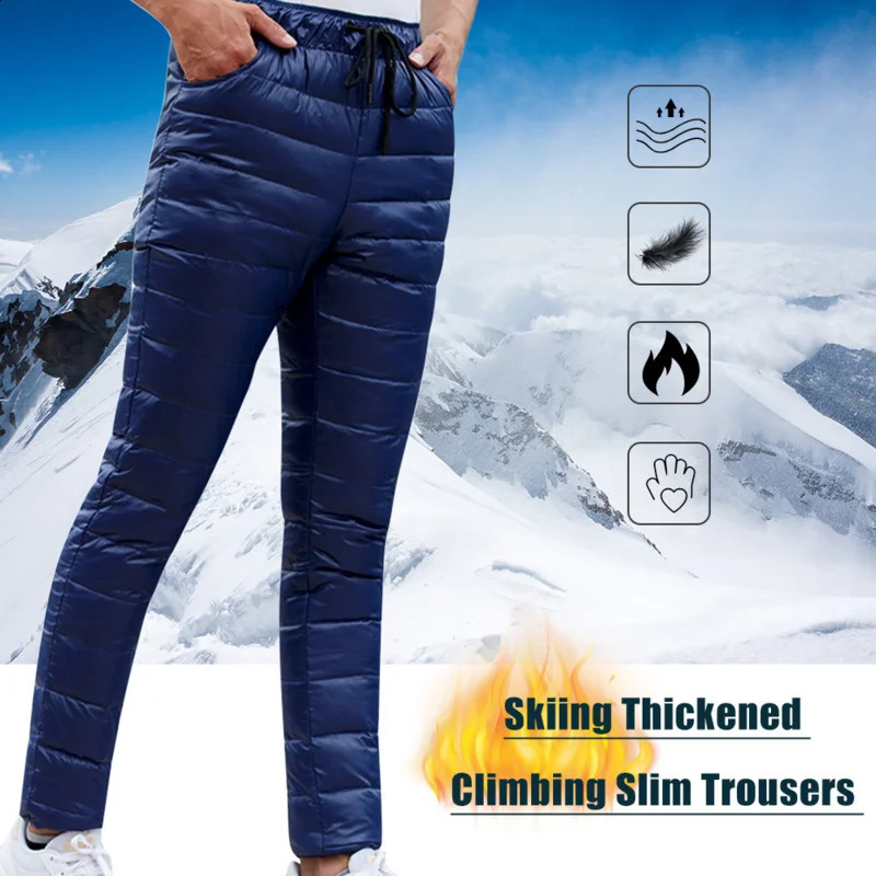 Winter Outdoor Camping Hiking Windproof Drawstring Down Pants Trendy Thermal Skiing Trekking Thicken Warm Trousers 240913