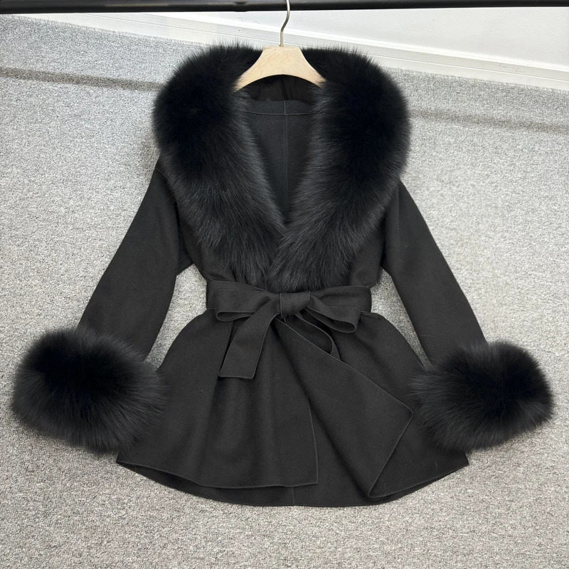 Janveny Womens Wool Coat Autumn Winter Natural Real Fox Fur Jackets Detachable Fluffy Fox Fur Trench Lady Outerwear 240911