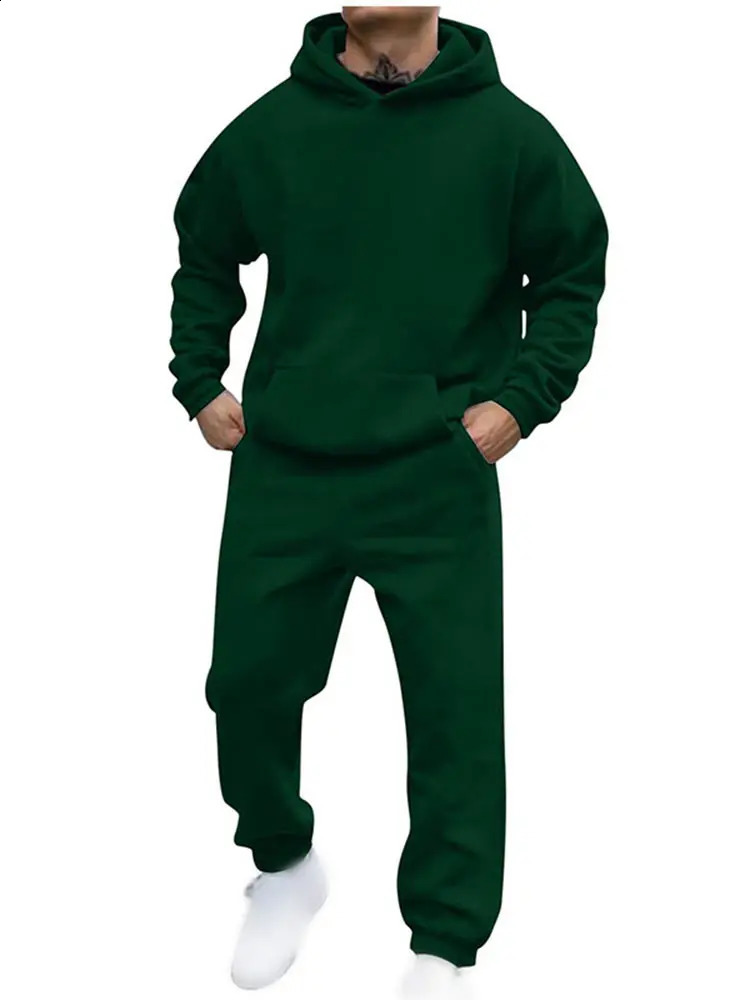 Autumn Solid Plus Velvet Tracksuit For Male Long Sleeve Hoodie Straight Sweatpants 2 Piece Set Mens Hooded Sweatshirt Outfits 240918