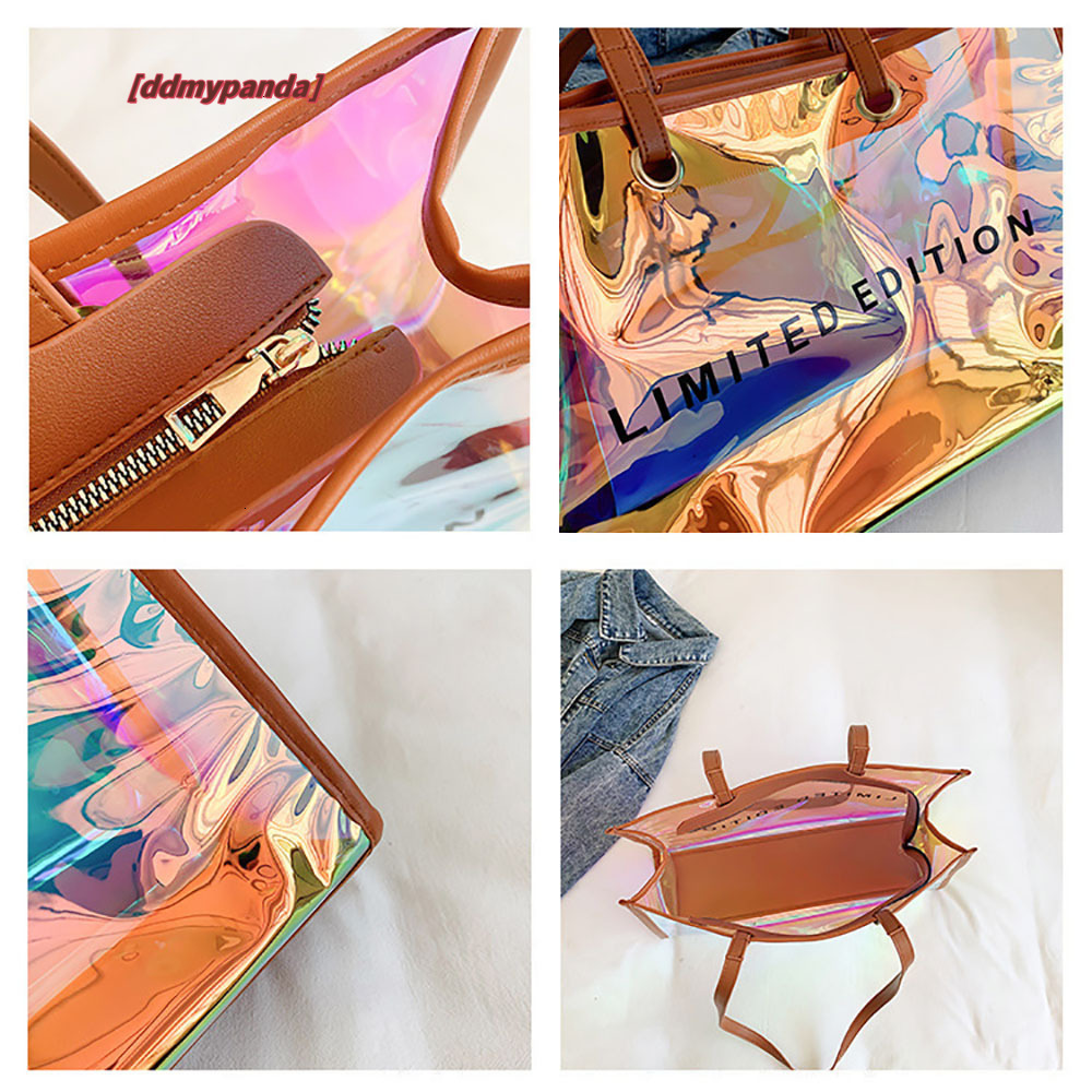 Fashion Women Clear Tote PVC Laser Waterproof Transparent Handbags Large Capacity Shoulder Bag Summer Beach Portable Bags H7.6#26 ddmypanda