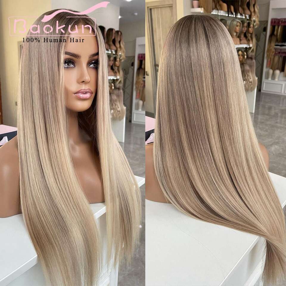 13X4 Ash Blonde Highlight Transparent 13X6 HD Frontal Wig Preplucked 360 Straight Lace Front Wigs Human Hair
