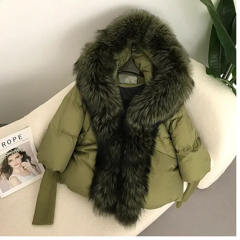 genuine fox fur collar hooded winter jacket for women natural thick and loose oversized duck down coat 240911