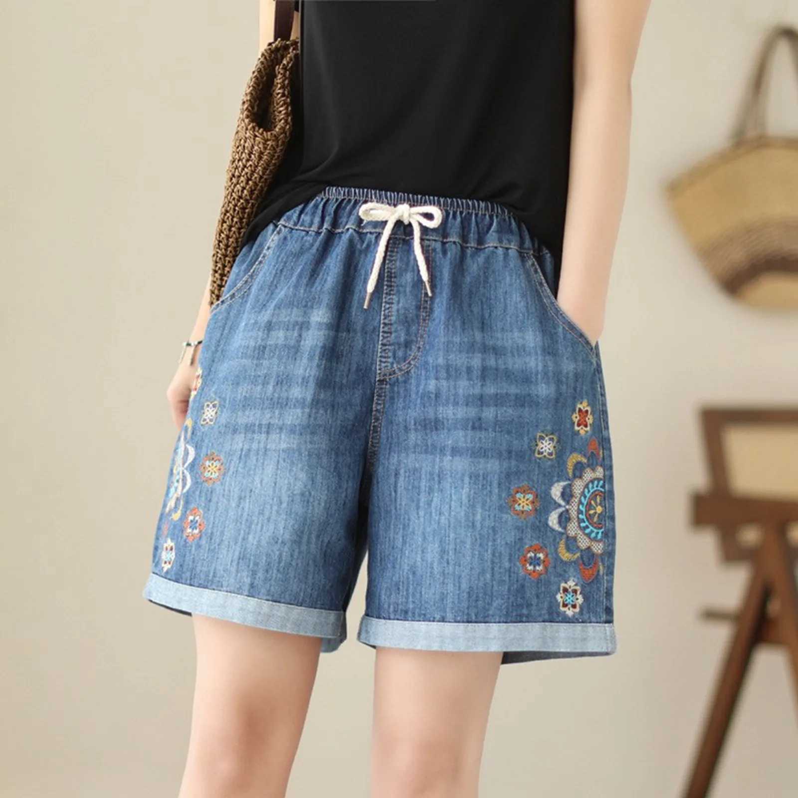 Ethnic Style Funny Cartoon Printed Wide Leg Shorts For Women Jeans Rolled Up Elastic Waist Bandage Y2k Shorts Baggy Denim ShortsX240918