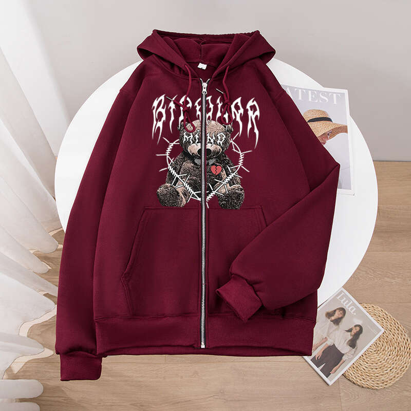 2024 New Y2K Bear Doll Printed Zipper Hoodie Street Trendy Brand Fleece Loose Zip Up Hoodie Hat