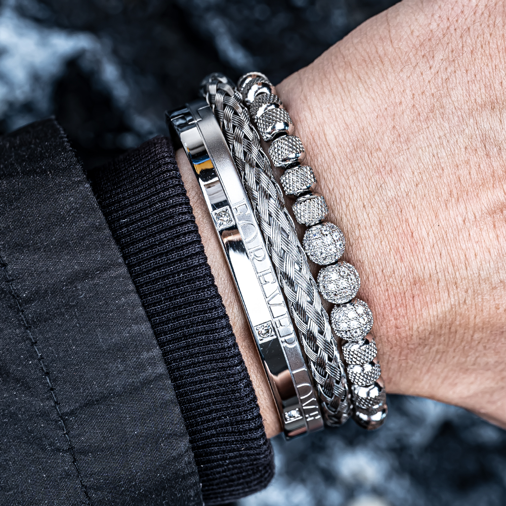 3pcs/set Men Bracelets Luxury Micro Pave CZ Round Beads Royal Charm Men Link Bracelets Stainless Steel Crystals Bangles Couple Handmade Jewelry Gift