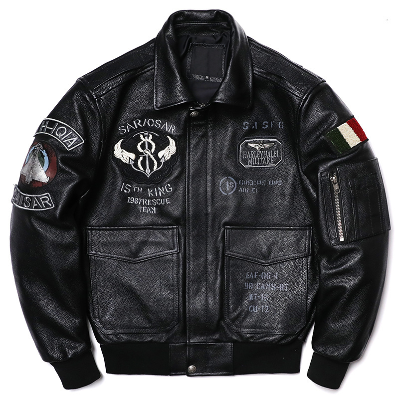 New Black Flying Suit Genuine Leather Jacket Men's Natural Cowhide Coat Cross Anchor Embroidery Fashion Motorcycle Clothing