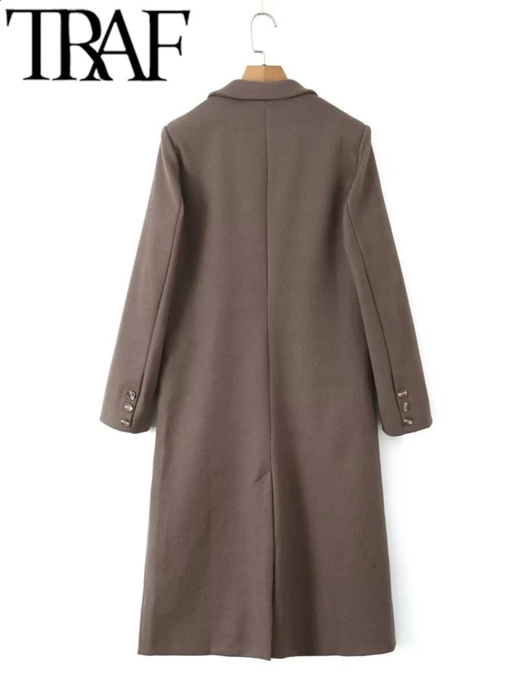 TRAF GAL Winter Elegant Women Trench Coat Long Sleeve Laple Double Breasted Medium Length Overcoat Jacket Woolen Coat 240909