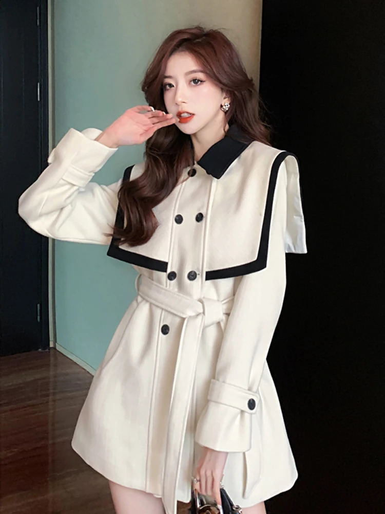 Womens casual lace double chest high waist short dress autumn high-end feeling patch work polo neck dress 240914