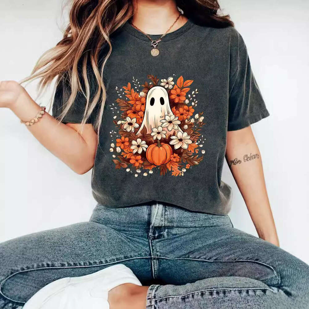 Hallowmas Summer Girl Ghost Flower Pattern Round Neck Short Sleeve Casual Fashion Halloween T-shirt