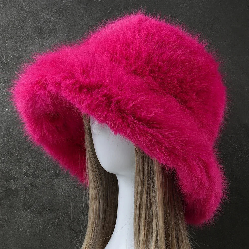 Large size fluffy faux fur bucket hat for women luxurious plush fisherman hat winter warm and thick anti cold Panama hat Y2k 240914