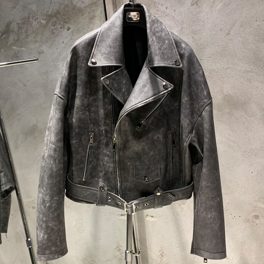 Oversized Vintage Ladies Biker Jacket In Leather Women Natural Sheepskin Coat I020