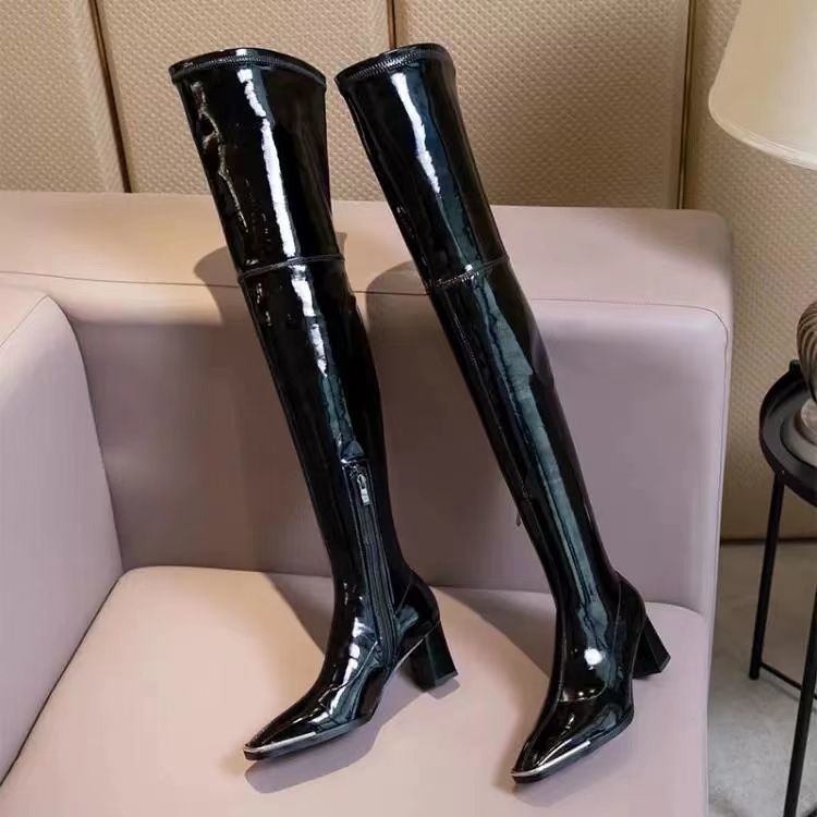 Free Shipping New High Designer Patent Leather Women Heels Snow Martin Over The Knee Thick Soled Winter Boots booties