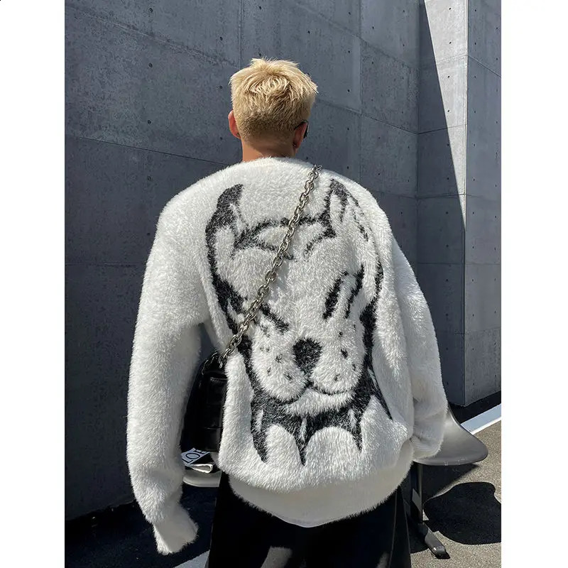 High street fashion mink velvet jacquard sweater for men and women autumn and winter loose and versatile y2k couple sweater 240912