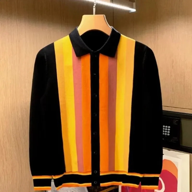 British Style Men Knitted Cardigan Vertical Stripe Long Sleeved Button Mens Tops Spring Autumn Slim Lapel Thin Sweater 240918
