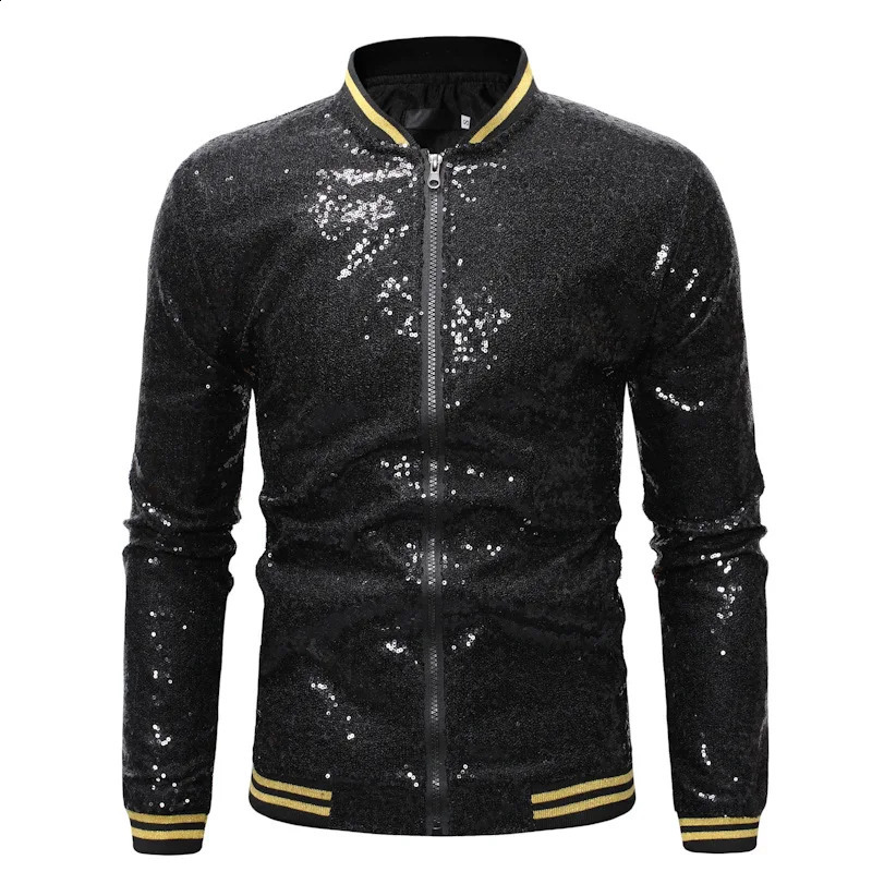 Shiny Sequins Sparkle Bomber Jacket Men est Gold Glitter Striped Zipper Mens Jackets And Coats Party Dance Show Clothes 240911