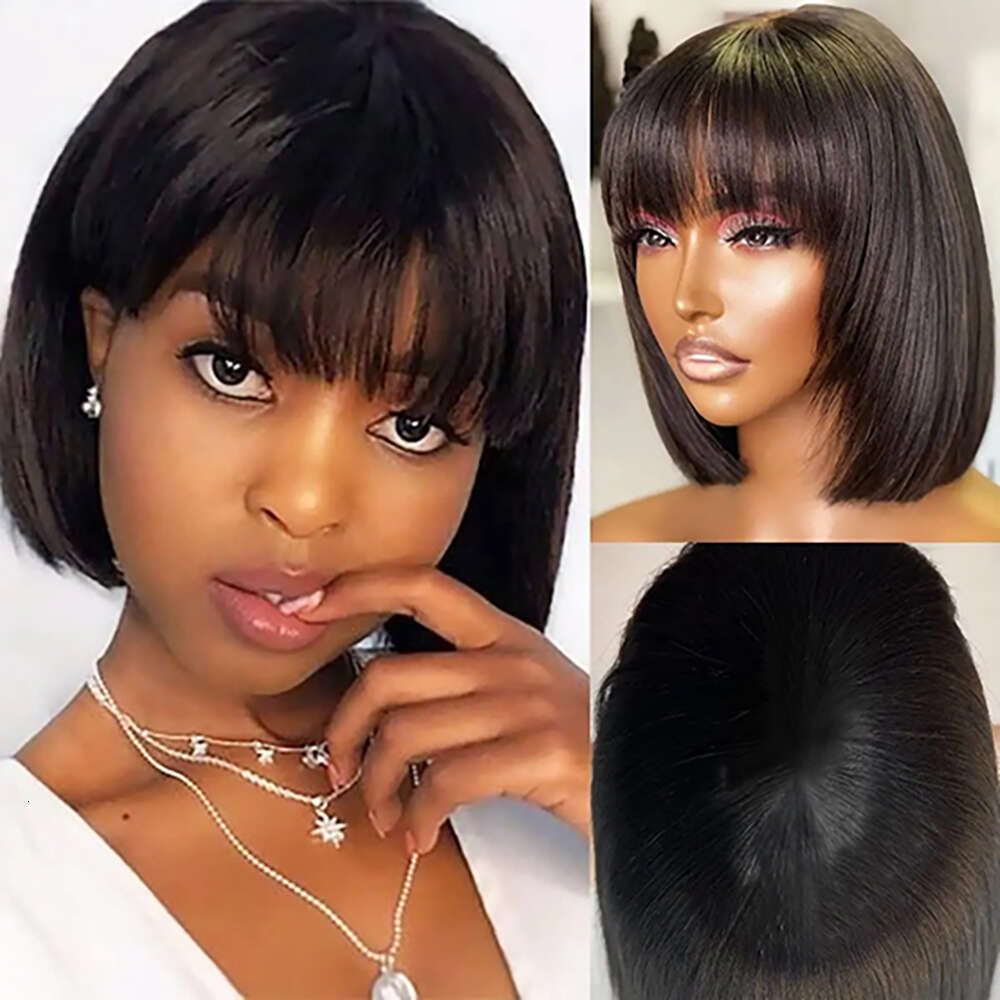 Straight Bob Wigs With Bangs Short Brazilian 200Density For Woman No Lace Full Hine Made Human Hair Wig