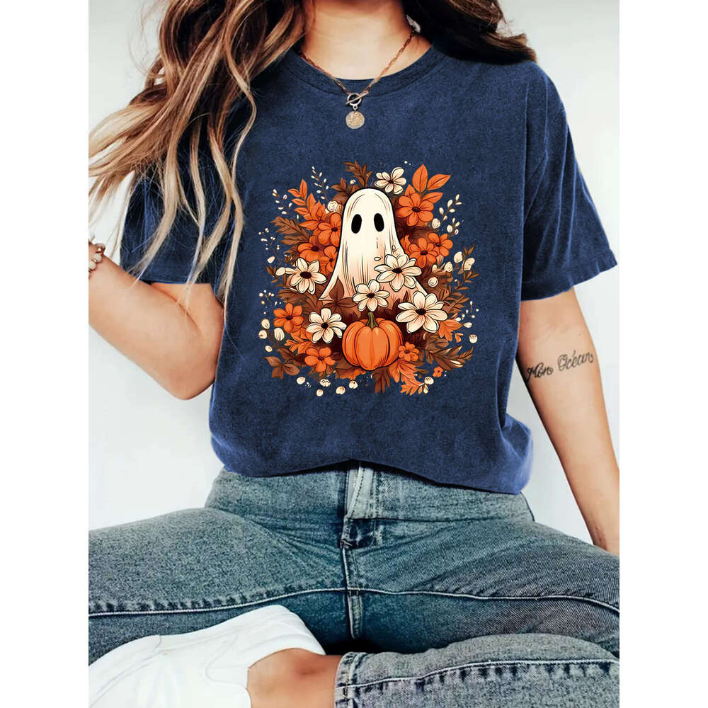 Hallowmas Summer Girl Ghost Flower Pattern Round Neck Short Sleeve Casual Fashion Halloween T-shirt