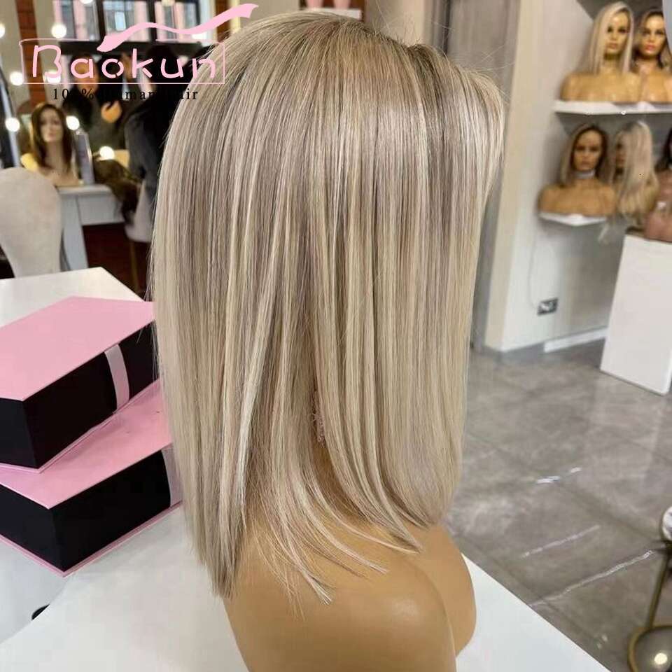 13X4 Short Ash Blonde 360 Frontal Wig Highlight Bob Straight Lace Front Wigs For Women Human Hair