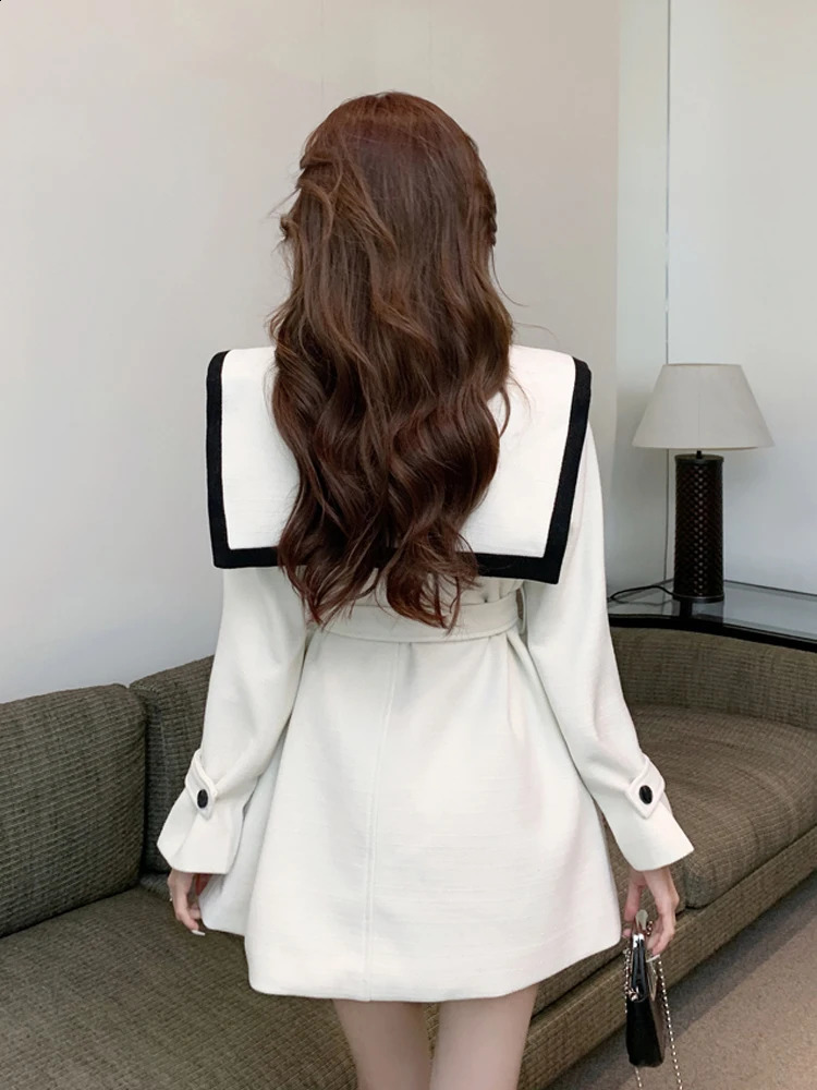 Womens casual lace double chest high waist short dress autumn high-end feeling patch work polo neck dress 240914