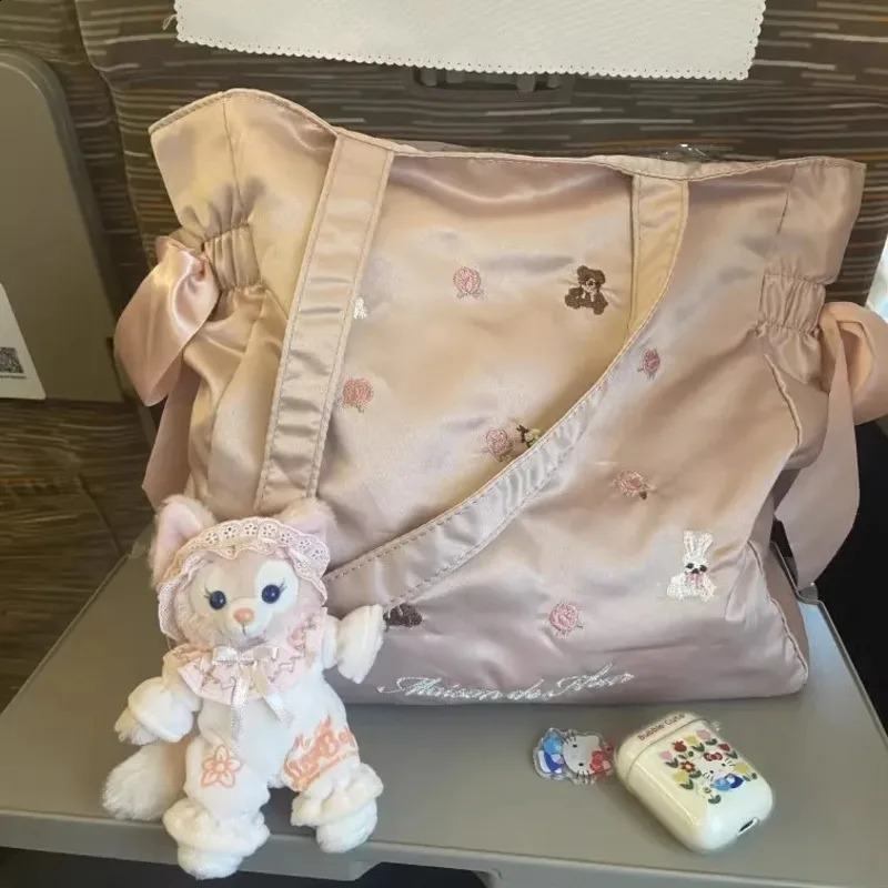 Cute rabbit bear embroidered garbage bag large capacity womens handbag Y2k retro casual pink travel shoulder bag 240918