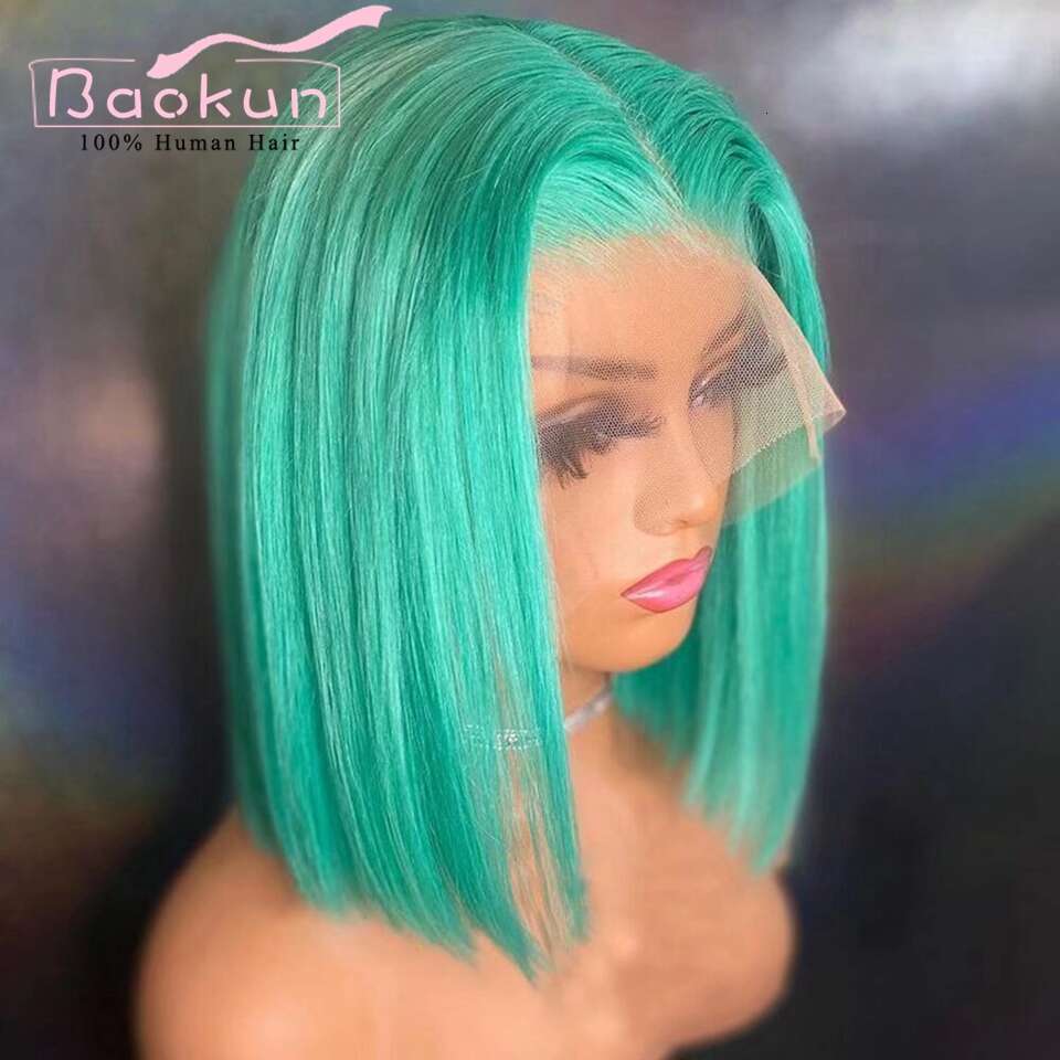 Mint Green Red Wigs Brazilian Short 360 Lace Front 13X4 HD Bob Straight Frontal Wig Human Hair