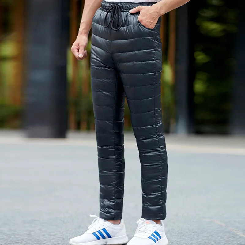 Winter Warm Men Down Pants White Duck Down Outdoor Sports Camping Straight Pants Hiking Pants Thicken Thermal Down Trousers 240913