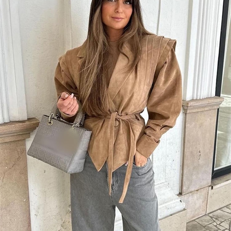 Women High Street Leather Jacket 2024 Autumn Winter Versatile Brown Long Sleeves V-neck Lace-up Coats Causal Chic Female Outwear 240911