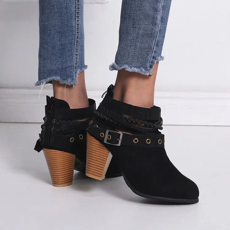 UH8 Womens Boots Fashion Casual Womens Shoe Buckle Fashion Boots Suede Leather Buckle Boots High Heels Zipper Snow Shoes 240914