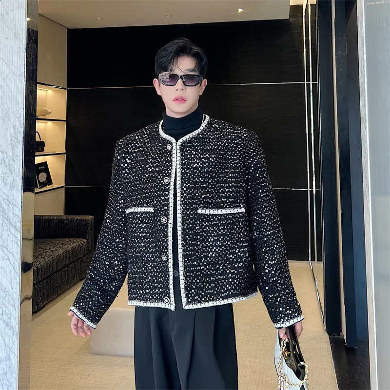 NOYMEI jacket Temperament Flowing Light Black Silver Sequin Thick Tweed Classic Small Fragrant Outline Coat men autumn WA2835 240911