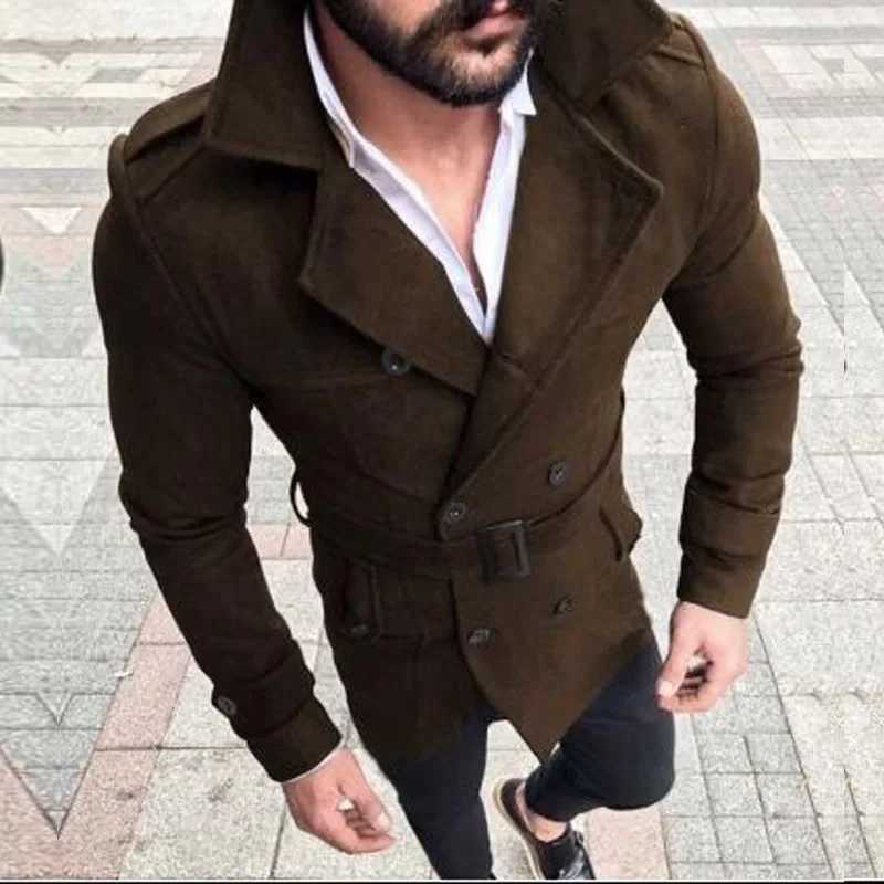 Fashion Men Woolen Jackets Autumn Winter Lapel Double Button Windbreaker Trench Coat Belt Cold Resistance Mid-Long Overcoat Y240918
