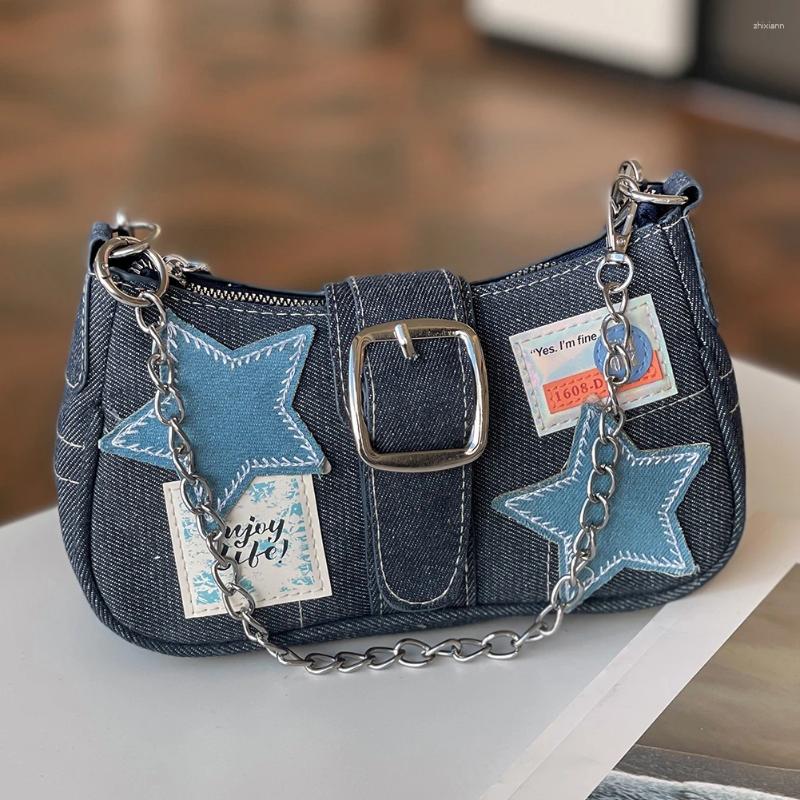 2025 NEW Totes Women Fashion Shoulder Bag Stars Pattern Denim Chain Underarm Adjustable Strap Vintage Handbag Girls Outdoor Daily zhanyishengli