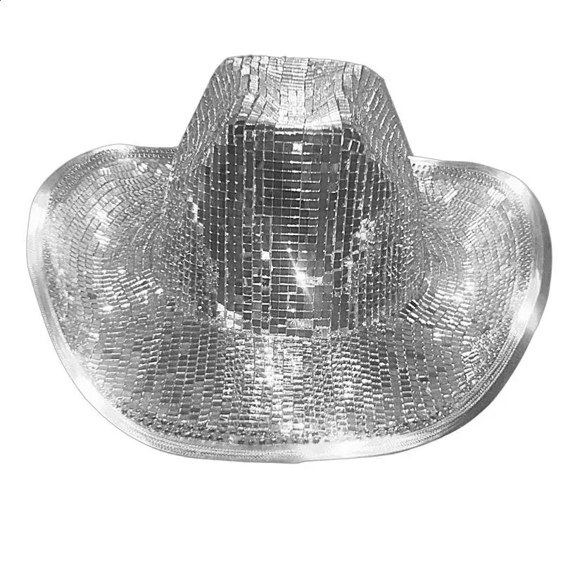 Unique disco ball cowboy hat with neon lights shining brightly cowboy hat with mirrored glass gemstone mesh accent shining brightly 241021