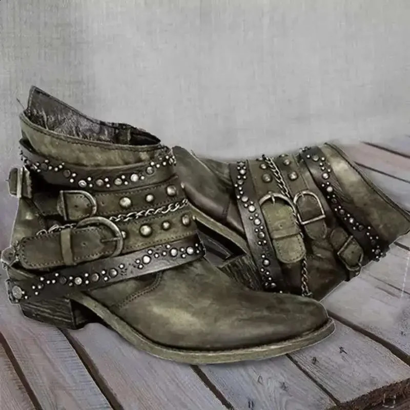 Retro Cool Cowboy Western Boots Womens Slippery Heavy High Heels on Metal Rivets Punk Walking Work Boots Womens Boots 240914