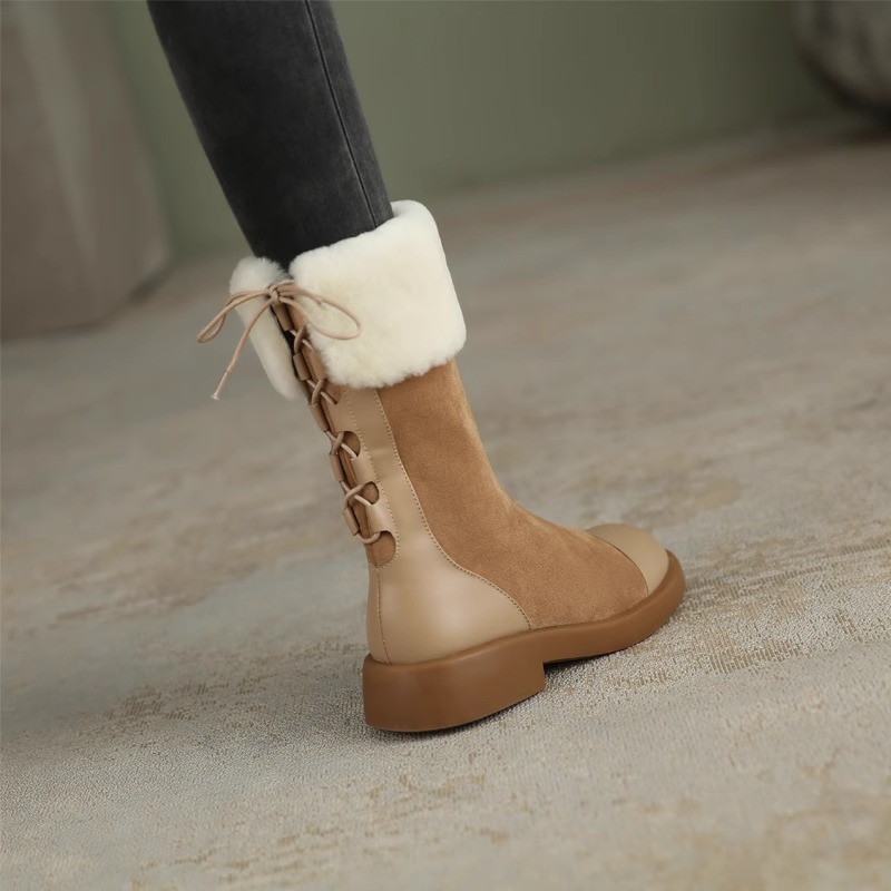 Soft leather and plush midsole snow 2024 winter new fur integrated thick soled short boots