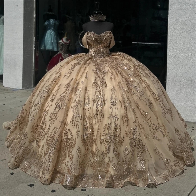 Luxury Champagne Mexican Quinceanera Dressess Off The Shoulder Applique Beads Crystal Tull vestido 15 De Anos Corset Sweet 16 Dress