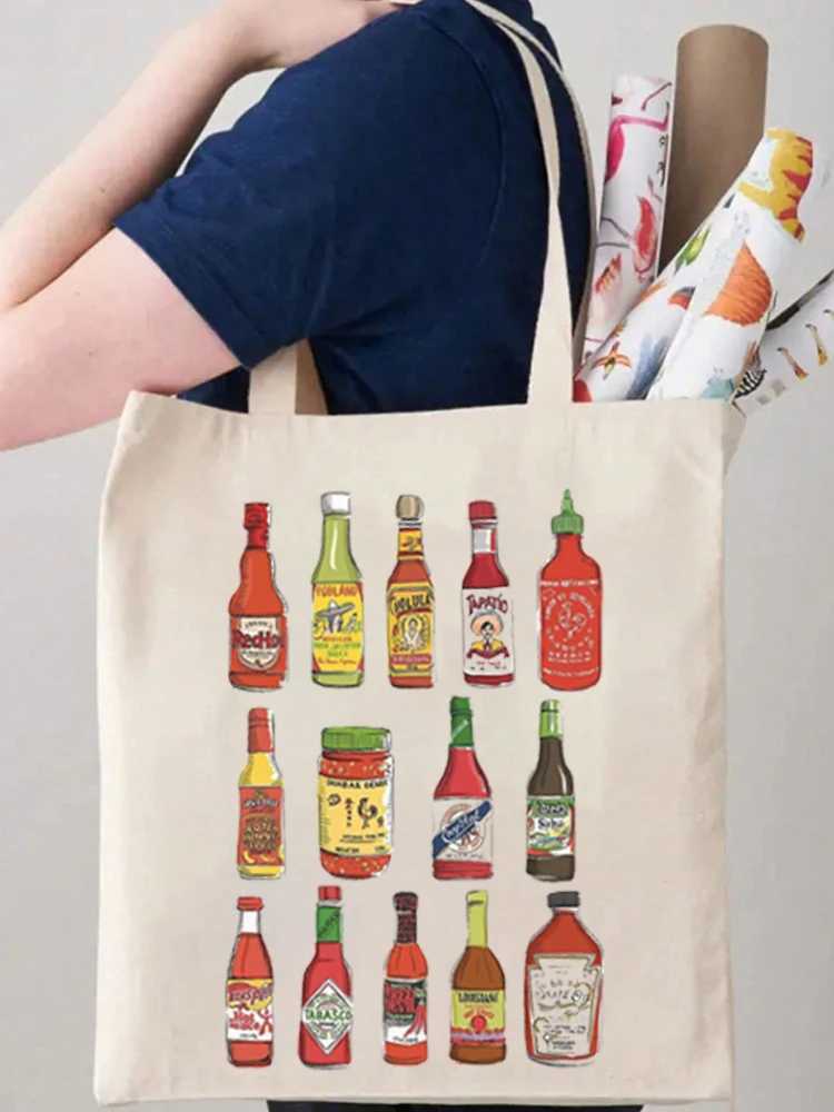 1pc Vintage Hot Sauce Pattern Tote Bag Cute Shopping Bag Carrier Bag Casual Canvas Shoulder Bag Handbag Shopping Gift Bag Z250224