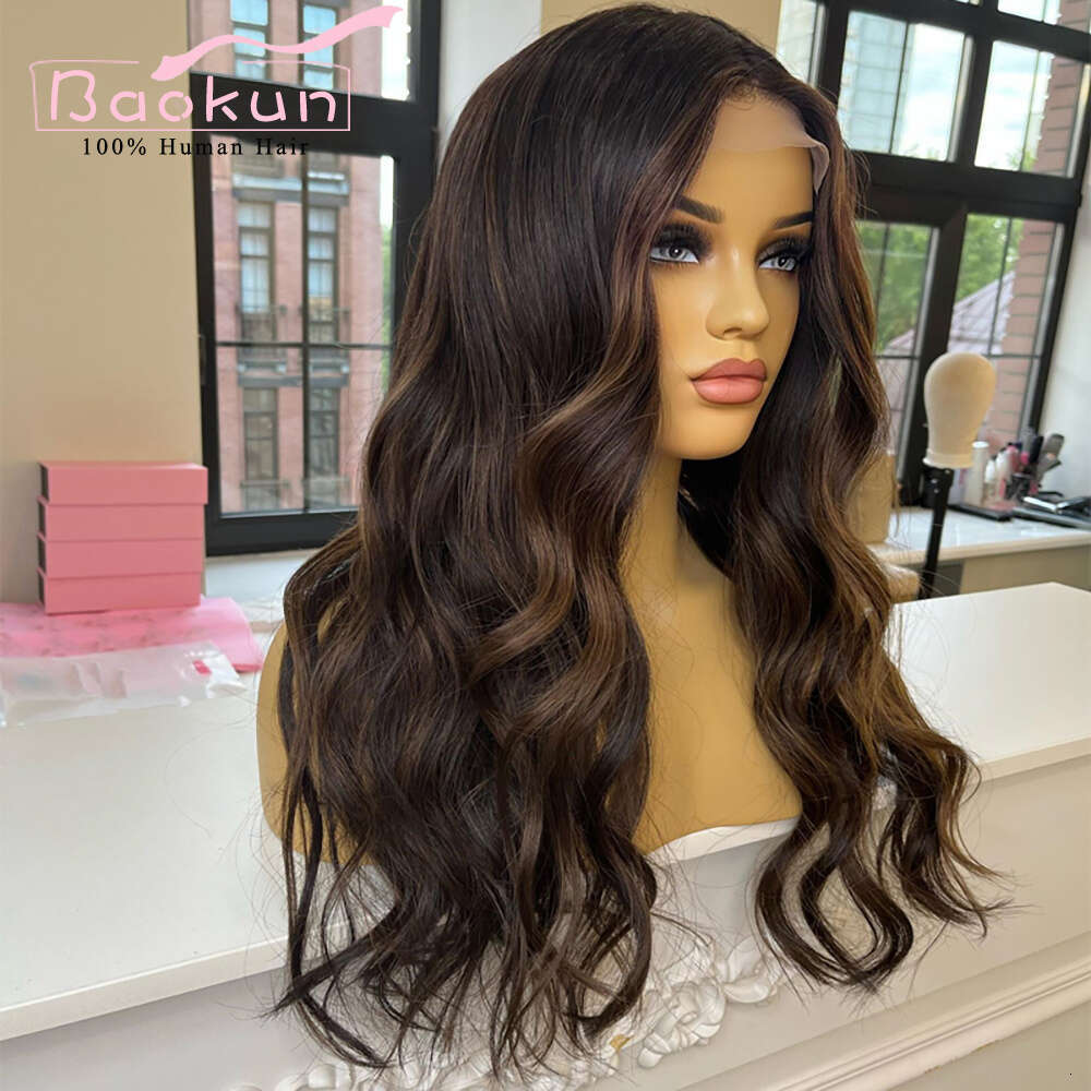 13X6 Brown Highlight 360 Frontal Wig Body Wave Lace Front Human Hair Wigs For Women Pre Plucked